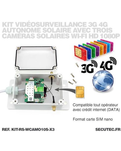 Kit de vidéosurveillance 3G 4G autonome solaire avec 3 caméras camouflages solaires WiFi très longue autonomie Kit de vidéosurveillance 3G 4G autonome solaire avec 3 caméras camouflages solaires WiFi très longue autonomie