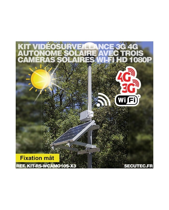 Kit de vidéosurveillance 3G 4G autonome solaire avec 3 caméras camouflages solaires WiFi très longue autonomie