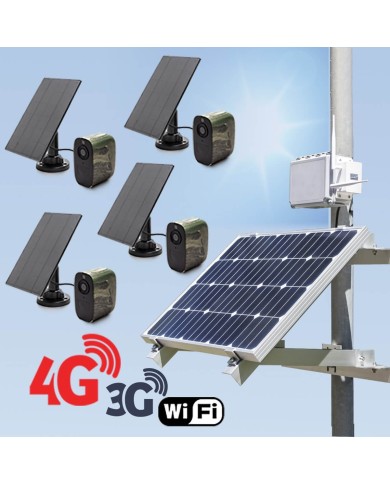 Kit de vidéosurveillance 3G 4G autonome solaire avec 4 caméras camouflages solaires WIFI très longue autonomie Kit de vidéosurveillance 3G 4G autonome solaire avec 4 caméras camouflages solaires WIFI très longue autonomie