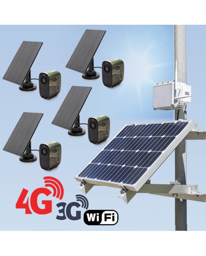 Kit de vidéosurveillance 3G 4G autonome solaire avec 4 caméras camouflages solaires WIFI très longue autonomie Kit de vidéosurveillance 3G 4G autonome solaire avec 4 caméras camouflages solaires WIFI très longue autonomie