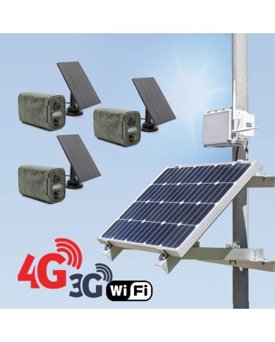 Kit de vidéosurveillance 3G 4G autonome solaire avec 3 caméras camouflages solaires WIFI ultra longue autonomie Kit de vidéosurveillance 3G 4G autonome solaire avec 3 caméras camouflages solaires WIFI ultra longue autonomie