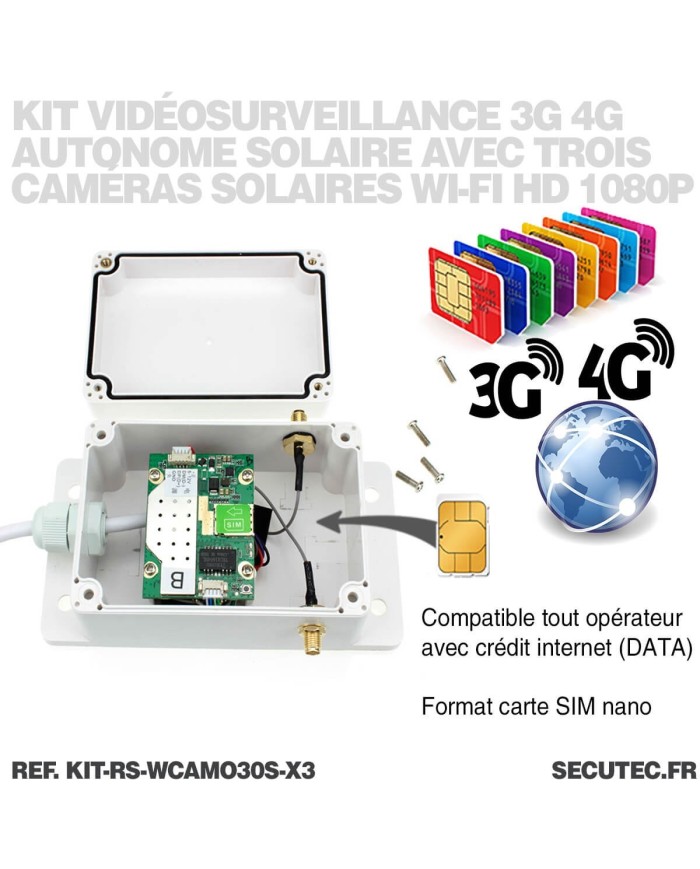 Kit de vidéosurveillance 3G 4G autonome solaire avec 3 caméras camouflages solaires WIFI ultra longue autonomie