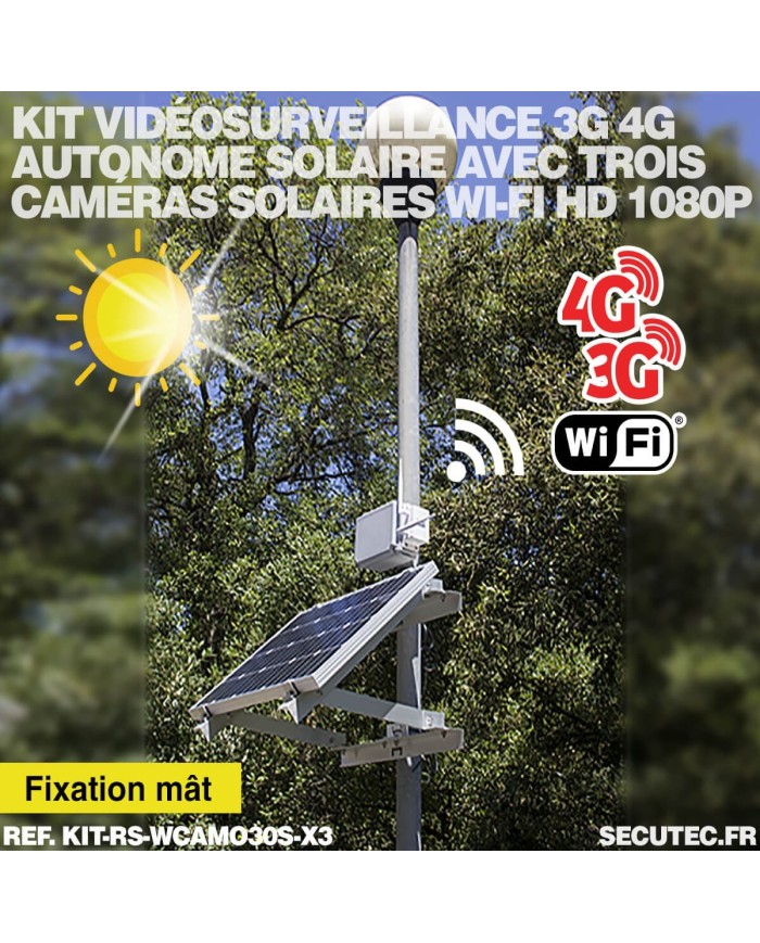 Kit de vidéosurveillance 3G 4G autonome solaire avec 3 caméras camouflages solaires WIFI ultra longue autonomie