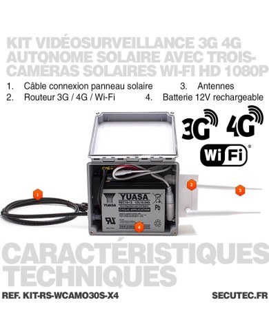 Kit de vidéosurveillance 3G 4G autonome solaire avec 4 caméras camouflages solaires WIFI ultra longue autonomie Kit de vidéosurveillance 3G 4G autonome solaire avec 4 caméras camouflages solaires WIFI ultra longue autonomie