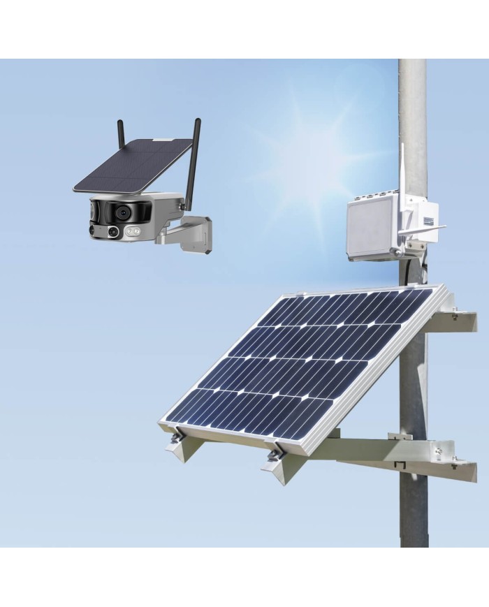 Kit vidéosurveillance 4G autonome solaire avec une camera solaire wifi ultra grand angle double objectifs UHD 4K 8MP sirène