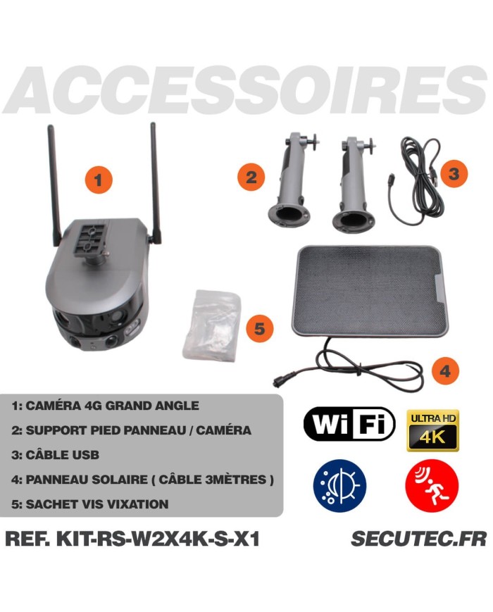 Kit vidéosurveillance 4G autonome solaire avec une camera solaire wifi ultra grand angle double objectifs UHD 4K 8MP sirène