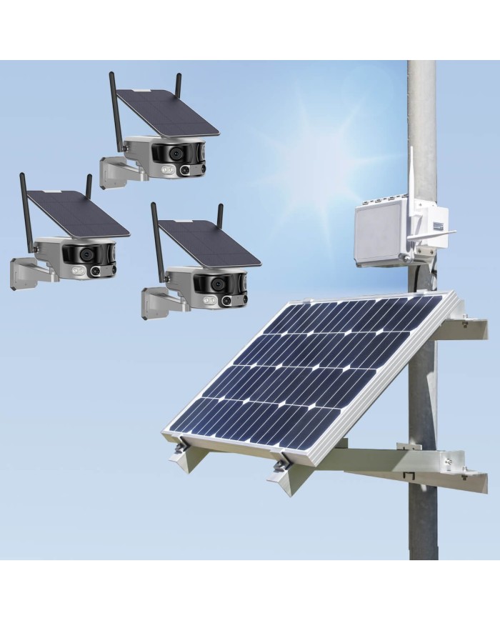 Kit vidéosurveillance 4G autonome solaire avec trois caméras solaire wifi ultra grand angle double objectif UHD 8MP 4K sirène