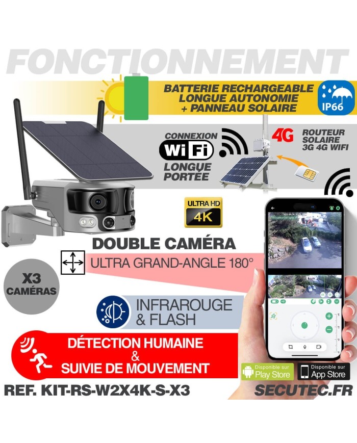 Kit vidéosurveillance 4G autonome solaire avec trois caméras solaire wifi ultra grand angle double objectif UHD 8MP 4K sirène