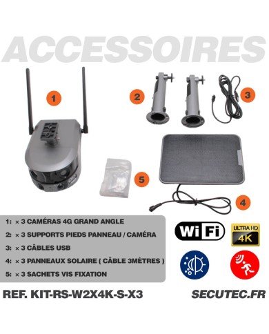 Kit vidéosurveillance 4G autonome solaire avec trois caméras solaire wifi ultra grand angle double objectif UHD 8MP 4K sirène Kit vidéosurveillance 4G autonome solaire avec trois caméras solaire wifi ultra grand angle double objectif UHD 8MP 4K sirène