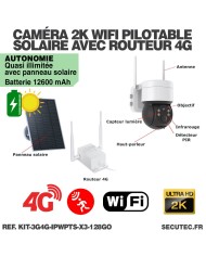 Kit de 3 caméras pilotable solaires WiFi UHD 2K 4MP avec routeur 3G/4G detection humaine 128Go