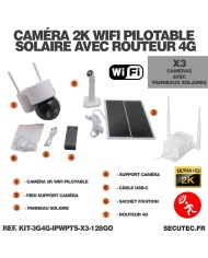 Kit de 3 caméras pilotable solaires WiFi UHD 2K 4MP avec routeur 3G/4G detection humaine 128Go