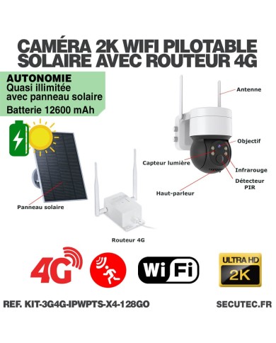Kit de 4 cameras pilotables solaires WiFi UHD 2K 4MP avec routeur 3G/4G detection humaine 128Go Kit de 4 cameras pilotables solaires WiFi UHD 2K 4MP avec routeur 3G/4G detection humaine 128Go
