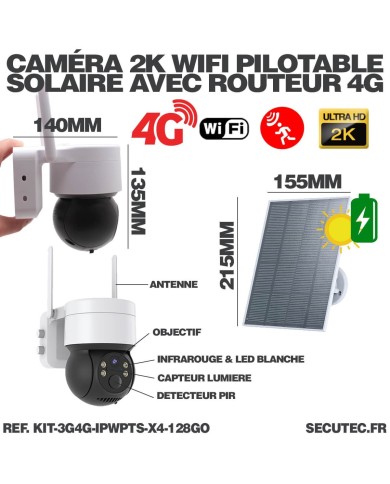 Kit de 4 cameras pilotables solaires WiFi UHD 2K 4MP avec routeur 3G/4G detection humaine 128Go Kit de 4 cameras pilotables solaires WiFi UHD 2K 4MP avec routeur 3G/4G detection humaine 128Go