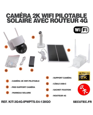 Kit de 4 cameras pilotables solaires WiFi UHD 2K 4MP avec routeur 3G/4G detection humaine 128Go Kit de 4 cameras pilotables solaires WiFi UHD 2K 4MP avec routeur 3G/4G detection humaine 128Go