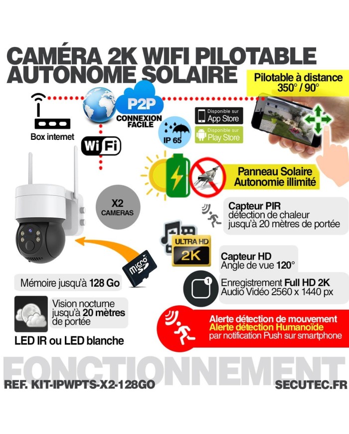 Kit de 2 caméras pilotable solaires WiFi UHD 2K 4MP infrarouge detection humaine 128Go