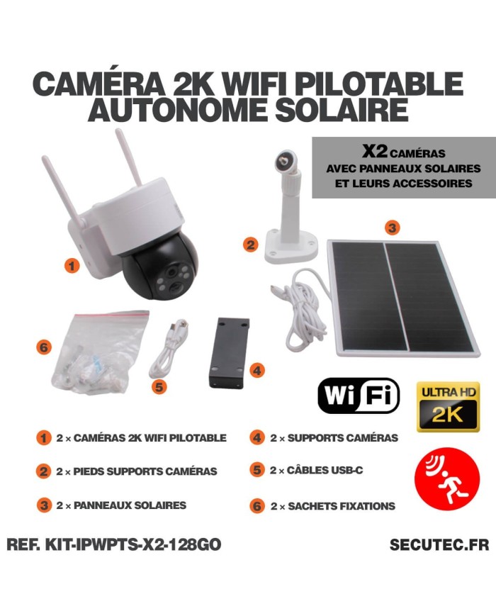 Kit de 2 caméras pilotable solaires WiFi UHD 2K 4MP infrarouge detection humaine 128Go