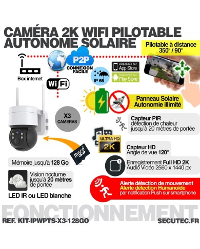 Kit de 3 caméras pilotable solaires WiFi UHD 2K 4MP infrarouge detection humaine 128Go Kit de 3 caméras pilotable solaires WiFi UHD 2K 4MP infrarouge detection humaine 128Go