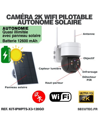 Kit de 3 caméras pilotable solaires WiFi UHD 2K 4MP infrarouge detection humaine 128Go Kit de 3 caméras pilotable solaires WiFi UHD 2K 4MP infrarouge detection humaine 128Go