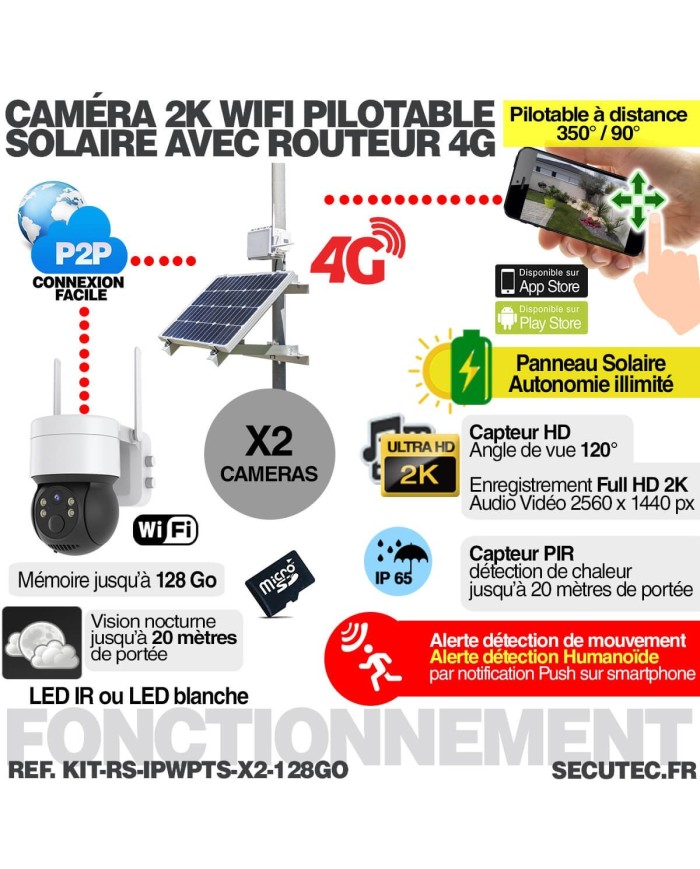 Kit videosurveillance 3G 4G autonome solaire waterproof avec 2 caméras solaires wifi uhd 2k 4mp detection humaine 128Go