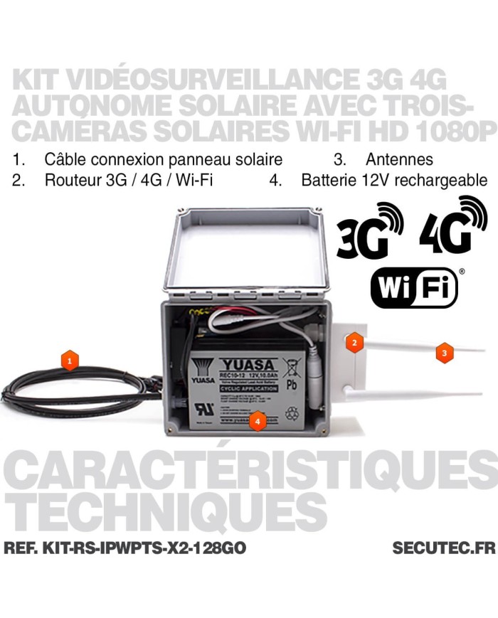 Kit videosurveillance 3G 4G autonome solaire waterproof avec 2 caméras solaires wifi uhd 2k 4mp detection humaine 128Go