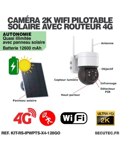 Kit videosurveillance 3G 4G autonome solaire waterproof avec 4 caméras solaires WIFI UHD 2K 4MP detection humaine 128Go Kit videosurveillance 3G 4G autonome solaire waterproof avec 4 caméras solaires WIFI UHD 2K 4MP detection humaine 128Go