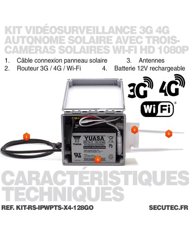 Kit videosurveillance 3G 4G autonome solaire waterproof avec 4 caméras solaires WIFI UHD 2K 4MP detection humaine 128Go Kit videosurveillance 3G 4G autonome solaire waterproof avec 4 caméras solaires WIFI UHD 2K 4MP detection humaine 128Go