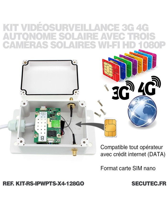 Kit videosurveillance 3G 4G autonome solaire waterproof avec 4 caméras solaires WIFI UHD 2K 4MP detection humaine 128Go