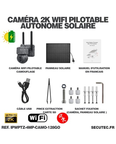 Caméra camouflage pilotable solaire WiFi UHD 2K 4Mpx alerte sirène waterproof infrarouge détection de mouvement 128Go (inclus) Caméra camouflage pilotable solaire WiFi UHD 2K 4Mpx alerte sirène waterproof infrarouge détection de mouvement 128Go (inclus)