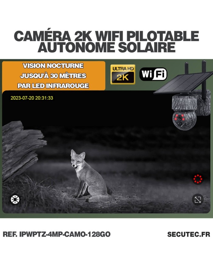 Caméra camouflage pilotable solaire WiFi UHD 2K 4Mpx alerte sirène waterproof infrarouge détection de mouvement 128Go (inclus) Caméra camouflage pilotable solaire WiFi UHD 2K 4Mpx alerte sirène waterproof infrarouge détection de mouvement 128Go (inclus)