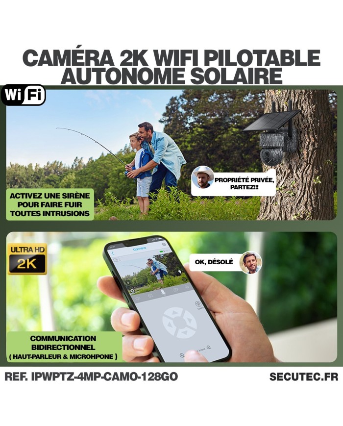 Caméra camouflage pilotable solaire WiFi UHD 2K 4Mpx alerte sirène waterproof infrarouge détection de mouvement 128Go (inclus) Caméra camouflage pilotable solaire WiFi UHD 2K 4Mpx alerte sirène waterproof infrarouge détection de mouvement 128Go (inclus)