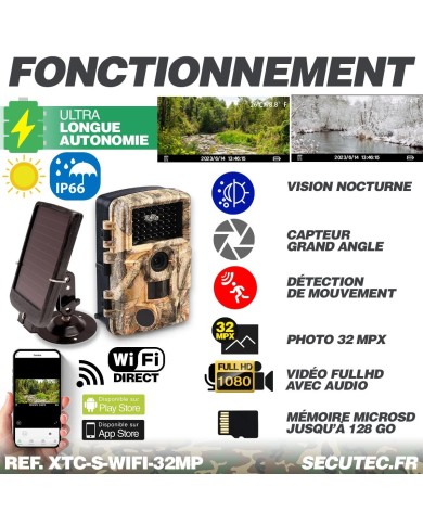 Camera de chasse autonome solaire photo 32 Mpx vidéo audio Full HD vision nocturne invisible étanche IP66 avec connexion Wi-Fi d Camera de chasse autonome solaire photo 32 Mpx vidéo audio Full HD vision nocturne invisible étanche IP66 avec connexion Wi-Fi d
