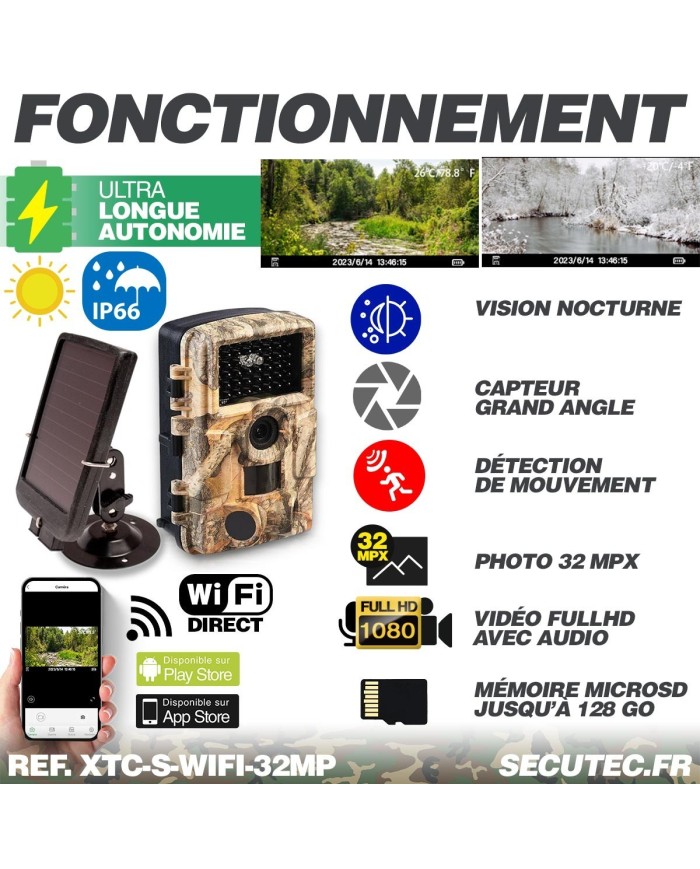 Camera de chasse autonome solaire photo 32 Mpx vidéo audio Full HD vision nocturne invisible étanche IP66 avec connexion Wi-Fi d