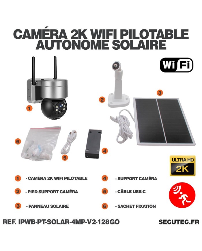 Caméra gris sidéral pilotable solaire IP WiFi UHD 2K 4Mpx waterproof infrarouge detection humaine 128Go