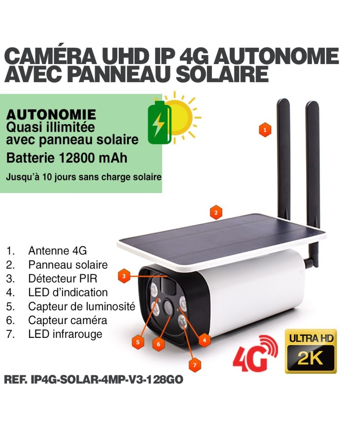 Caméra solaire IP GSM 4G UHD 4MP 2K 128Go inclus waterproof Infrarouge accès à distance via iPhone Android