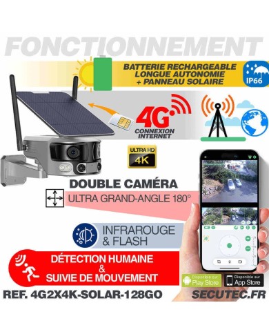 Caméra solaire 4G Ultra grand angle double objectifs UHD 4K 8MP détection de mouvement avec alerte sirène waterproof 128Go Caméra solaire 4G Ultra grand angle double objectifs UHD 4K 8MP détection de mouvement avec alerte sirène waterproof 128Go