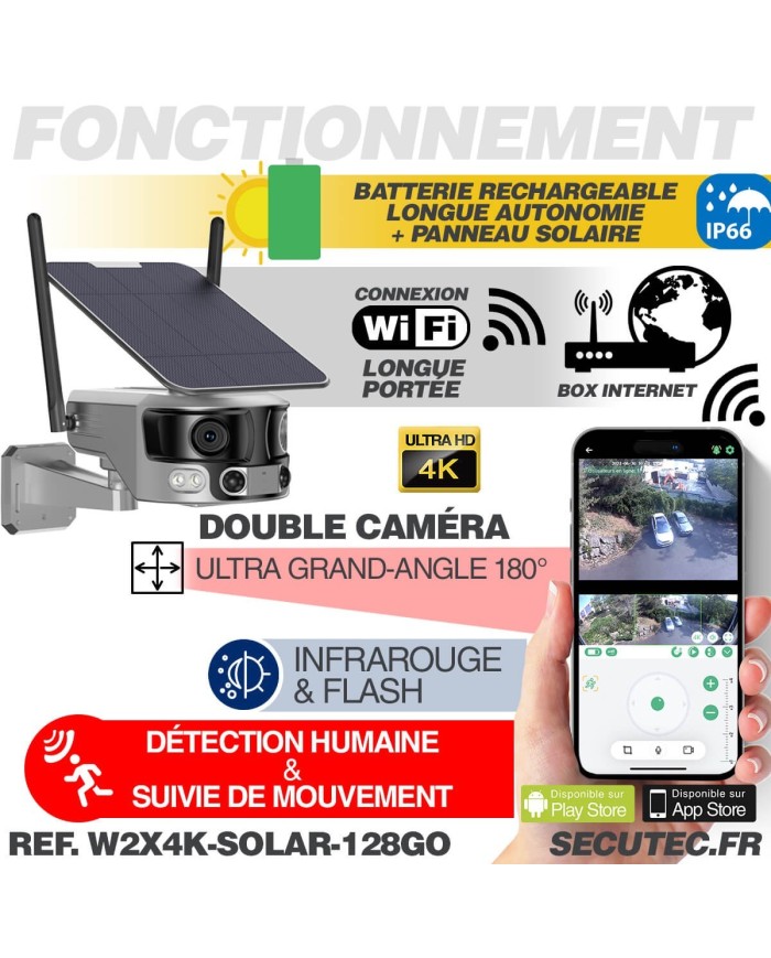 Caméra solaire WiFi Ultra grand angle double objectifs UHD 4K 8MP détection de mouvement avec alerte sirène waterproof 128Go Caméra solaire WiFi Ultra grand angle double objectifs UHD 4K 8MP détection de mouvement avec alerte sirène waterproof 128Go