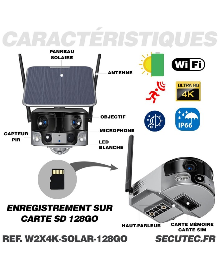 Caméra solaire WiFi Ultra grand angle double objectifs UHD 4K 8MP détection de mouvement avec alerte sirène waterproof 128Go Caméra solaire WiFi Ultra grand angle double objectifs UHD 4K 8MP détection de mouvement avec alerte sirène waterproof 128Go