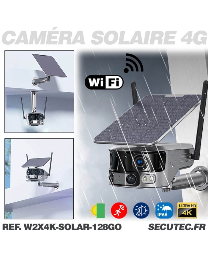 Caméra solaire WiFi Ultra grand angle double objectifs UHD 4K 8MP détection de mouvement avec alerte sirène waterproof 128Go Caméra solaire WiFi Ultra grand angle double objectifs UHD 4K 8MP détection de mouvement avec alerte sirène waterproof 128Go
