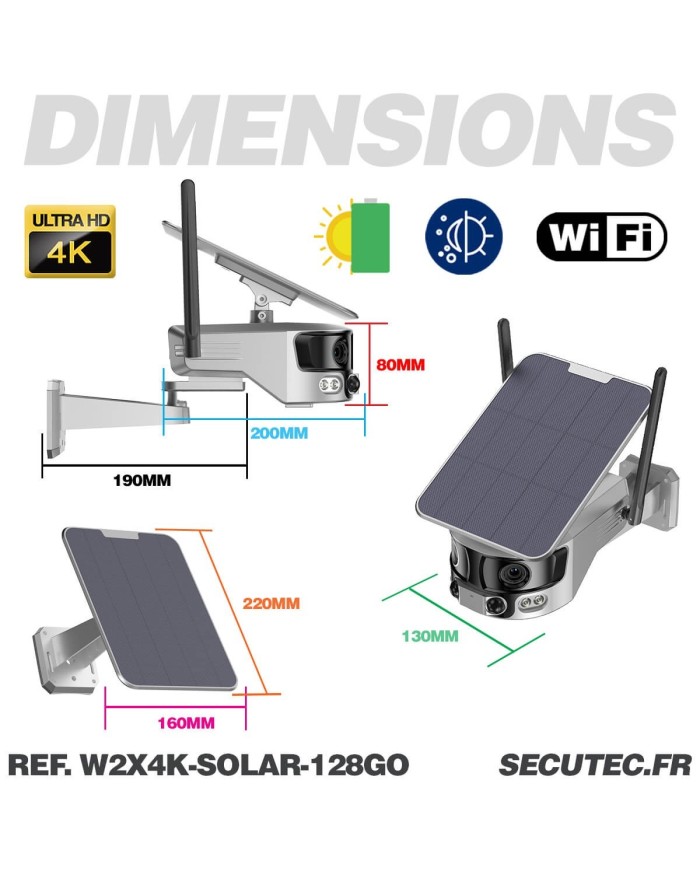 Caméra solaire WiFi Ultra grand angle double objectifs UHD 4K 8MP détection de mouvement avec alerte sirène waterproof 128Go Caméra solaire WiFi Ultra grand angle double objectifs UHD 4K 8MP détection de mouvement avec alerte sirène waterproof 128Go