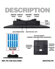 Panneau solaire 10W couleur camouflage multitension compatible toutes caméras longue autonomie batterie 25A