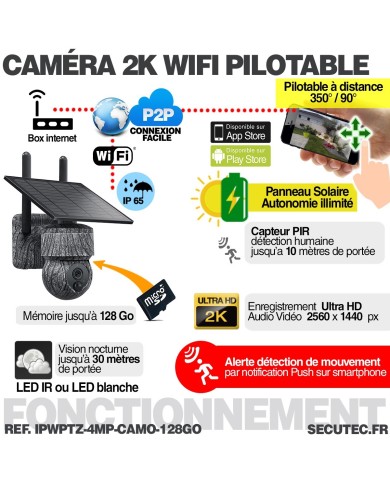 Caméra camouflage pilotable solaire WiFi UHD 2K 4Mpx alerte sirène waterproof infrarouge détection de mouvement 128Go (inclus) Caméra camouflage pilotable solaire WiFi UHD 2K 4Mpx alerte sirène waterproof infrarouge détection de mouvement 128Go (inclus)