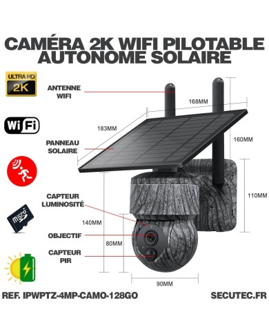 Caméra camouflage pilotable solaire WiFi UHD 2K 4Mpx alerte sirène waterproof infrarouge détection de mouvement 128Go (inclus) Caméra camouflage pilotable solaire WiFi UHD 2K 4Mpx alerte sirène waterproof infrarouge détection de mouvement 128Go (inclus)