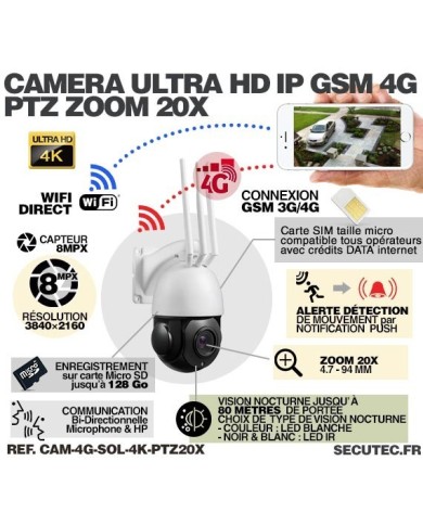 Kit vidéosurveillance 24h sur 24h caméra 4G 4K pilotable solaire Zoom X20 autonome waterproof 128Go Kit vidéosurveillance 24h sur 24h caméra 4G 4K pilotable solaire Zoom X20 autonome waterproof 128Go
