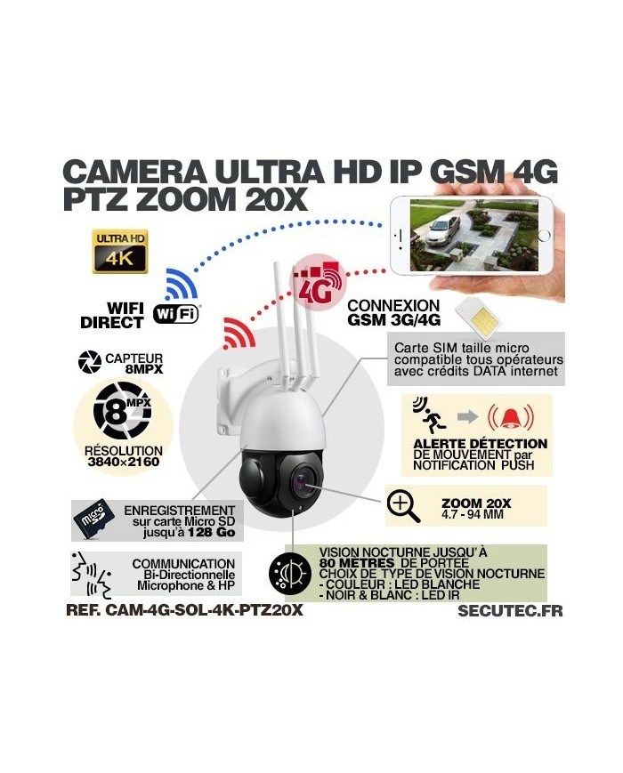 Kit vidéosurveillance 24h sur 24h caméra 4G 4K pilotable solaire Zoom X20 autonome waterproof 128Go Kit vidéosurveillance 24h sur 24h caméra 4G 4K pilotable solaire Zoom X20 autonome waterproof 128Go