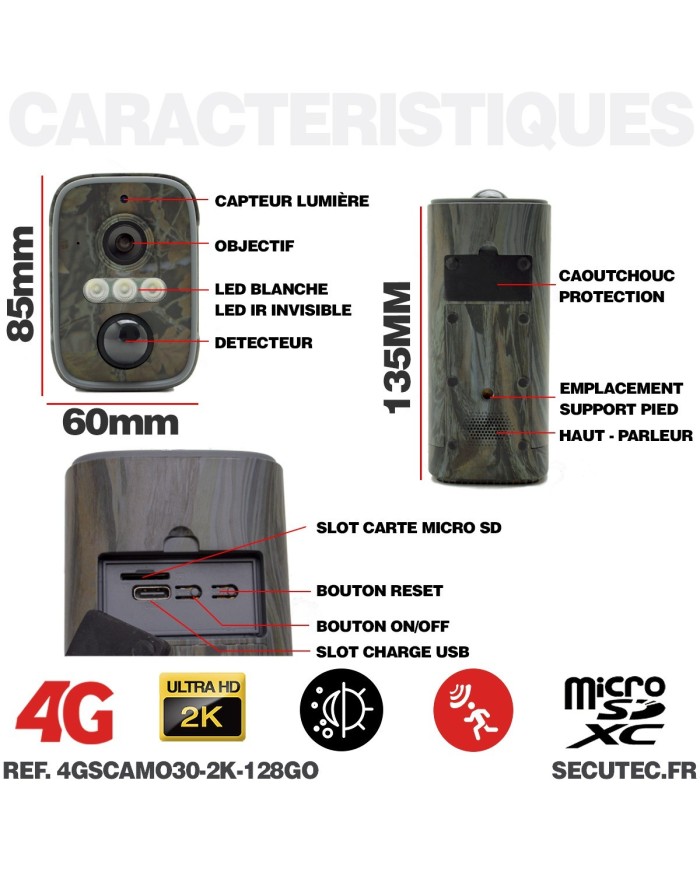 Camera camouflage 4G solaire UHD 2K infrarouge invisible ultra longue autonomie detection de mouvement et humaine 128Go