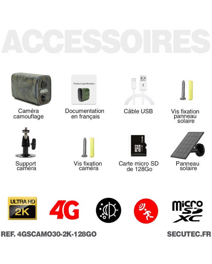 Camera camouflage 4G solaire UHD 2K infrarouge invisible ultra longue autonomie detection de mouvement et humaine 128Go