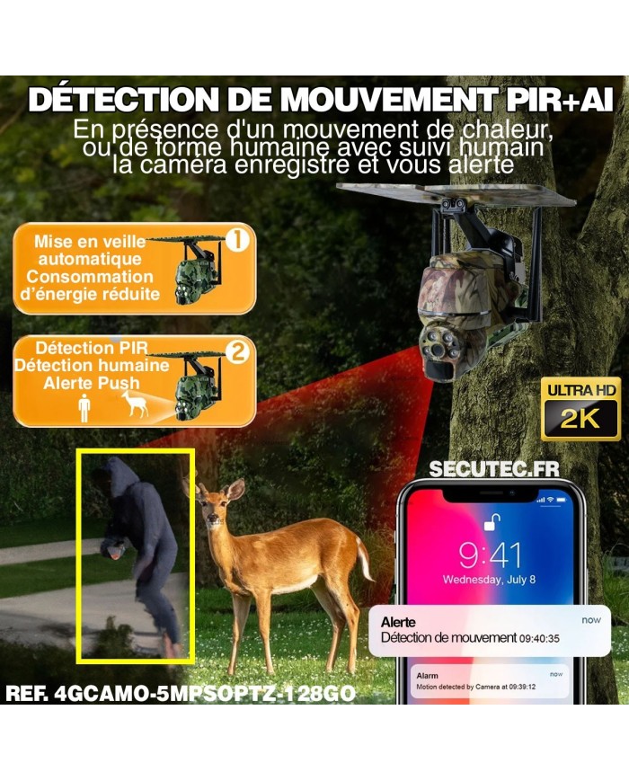 Caméra camouflage pilotable solaire 4G Ultra HD 2K alerte détection humaine AI Caméra camouflage pilotable solaire 4G Ultra HD 2K alerte détection humaine AI