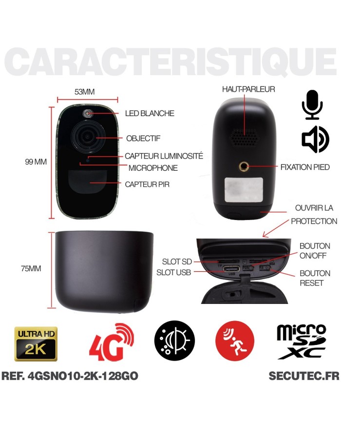 Caméra noire 4G solaire 2K infrarouge invisible batterie très longue autonomie detection humaine et mouvement 128Go