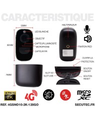 Caméra noire 4G solaire 2K infrarouge invisible batterie très longue autonomie detection humaine et mouvement 128Go