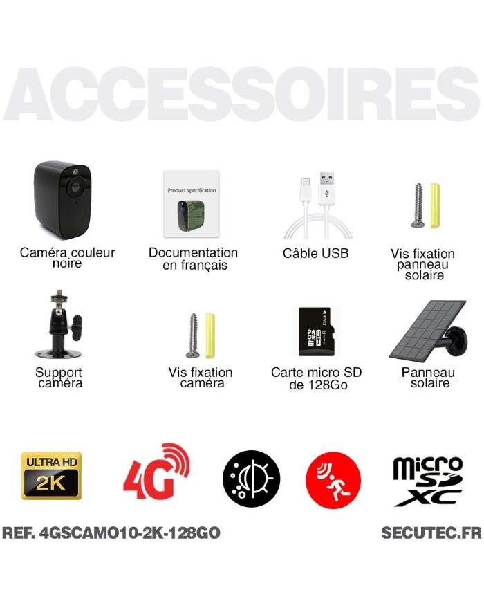 Caméra noire 4G solaire 2K infrarouge invisible batterie très longue autonomie detection humaine et mouvement 128Go